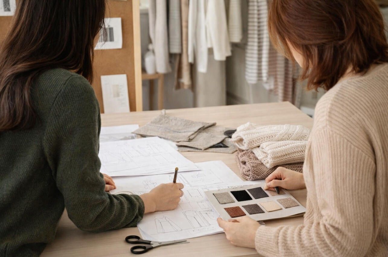 Two designers reviewing sketches and fabric swatches at a table