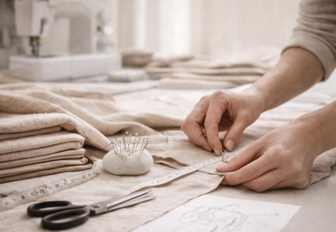 Hands measuring and pinning fabric next to a sewing machine