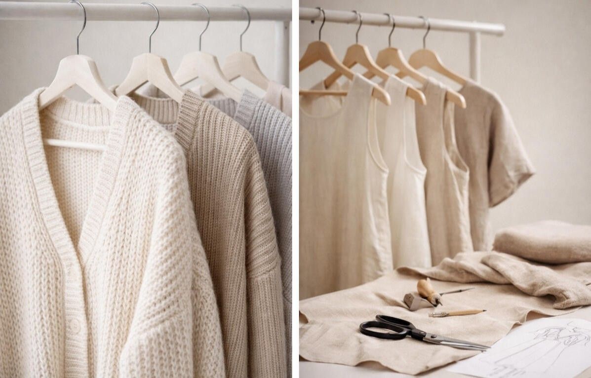 Cream knit cardigans and sweaters on hangers